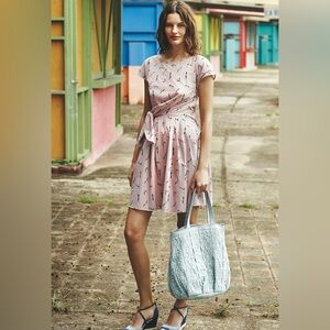 Maeve by Anthropologie Bathing Beauty Stripe‎ Embroidered Side-Tie Cotton Dress